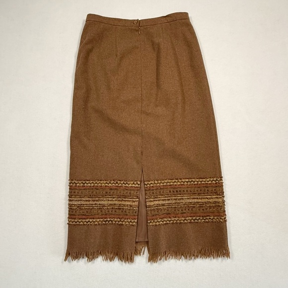 Sag Harbor Petite Wool Blend Brown Tweed Midi Skirt Fringe Hem 10P - Picture 2 of 8